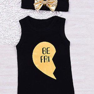 Left Half Heart Best Friend Black Gold Fringed Mini Little Girl Dress & Headband